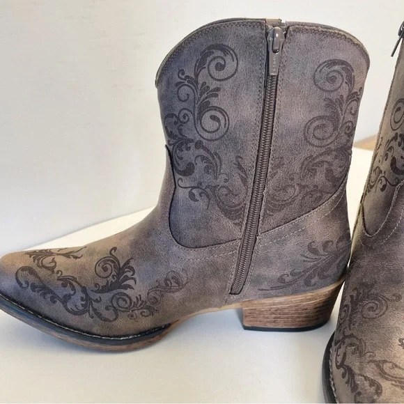 ROPERS Women’s Shorty Boot Vintage Brown Faux Leather Laser Western Design - Picture 5 of 13